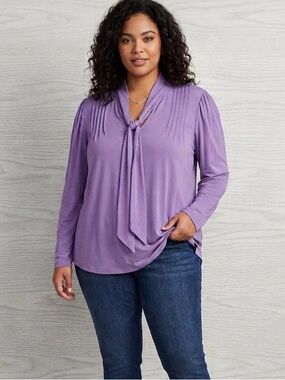 Lauren Ralph Lauren Purple Tie Neck Blouse 1X Long Sleeve Pleated Top
